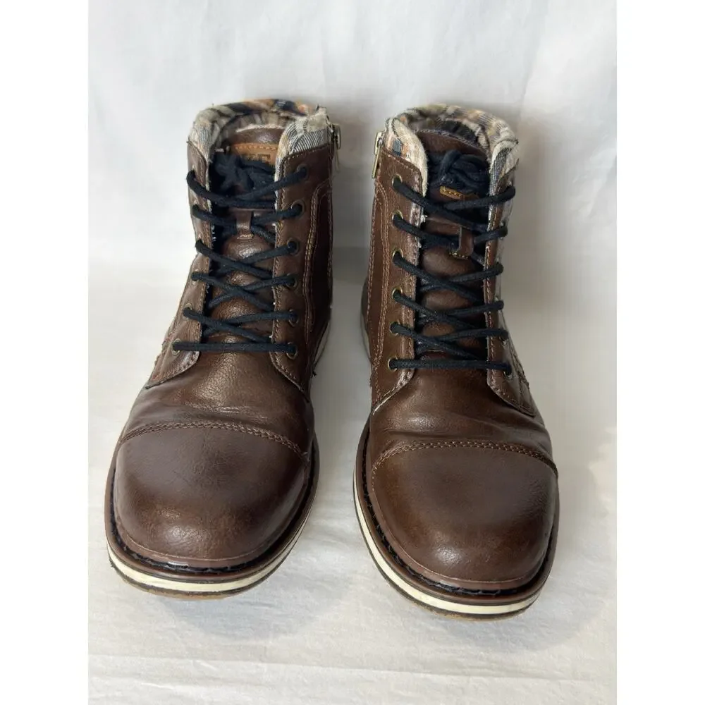 BKE Holt Men’s Brown Faux Leather Lace Up Boots with Plaid Lining Size 7